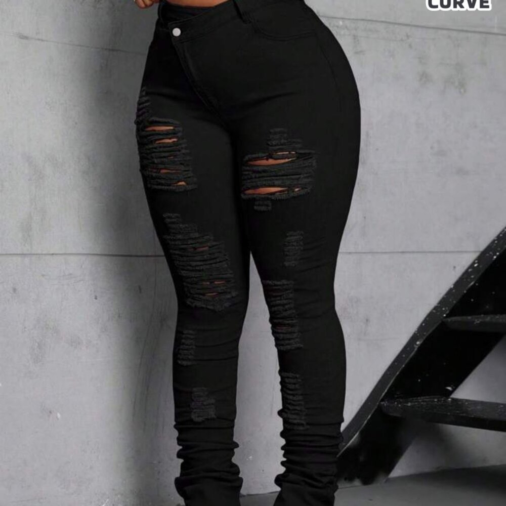 Shein SXY Plus Size Women Stretchy Black Distressed Jeans